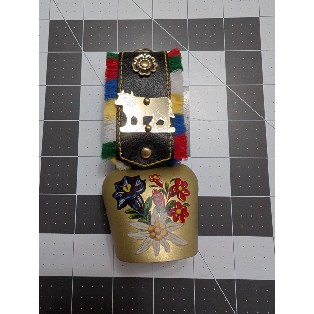 Cow Bell Brass painted wild flowers faux leather colorful cow charm 6‎ inch